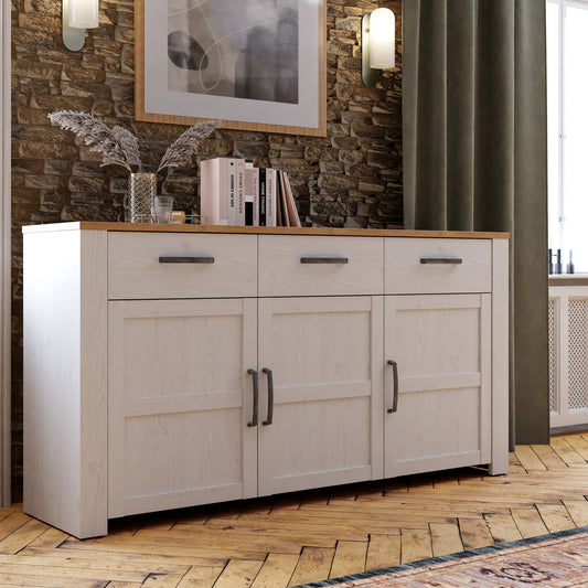 Furniture To Go Bohol 3 Door 3 Drawer Sideboard in Riviera Oak/White