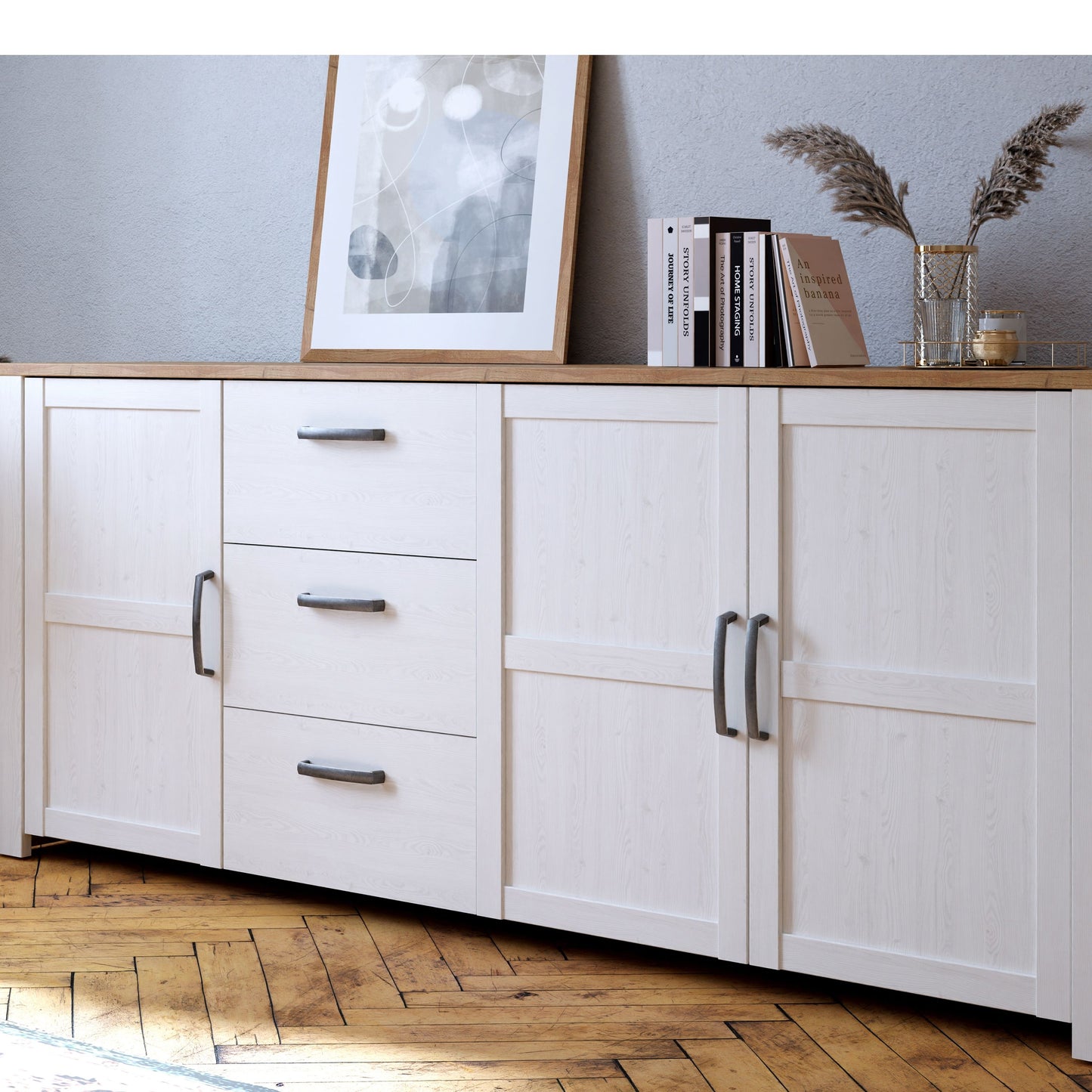 Furniture To Go Bohol 3 Door 3 Drawer Large Sideboard in Riviera Oak/White