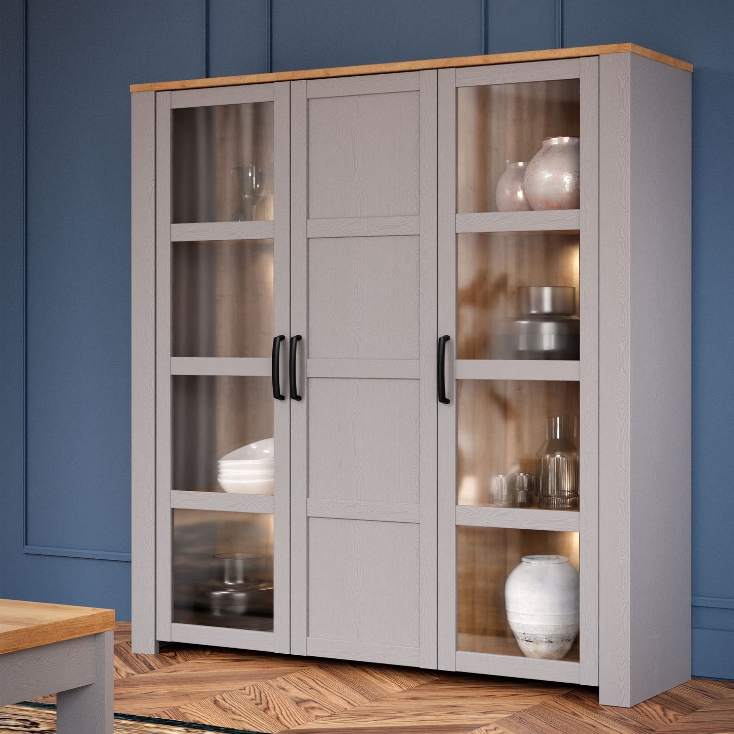 Furniture To Go Bohol 3 Door Large Display Cabinet in Riviera Oak/Grey Oak