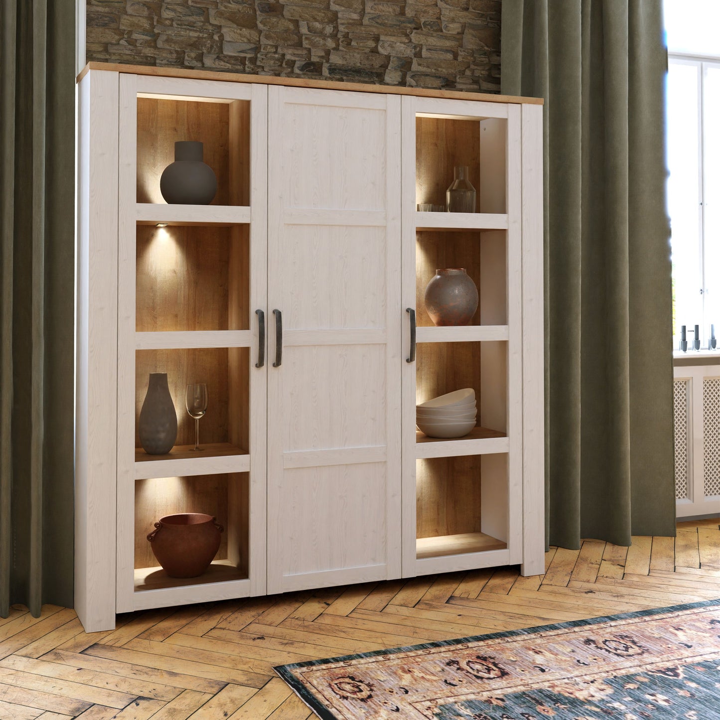 Furniture To Go Bohol 3 Door Large Display Cabinet in Riviera Oak/White