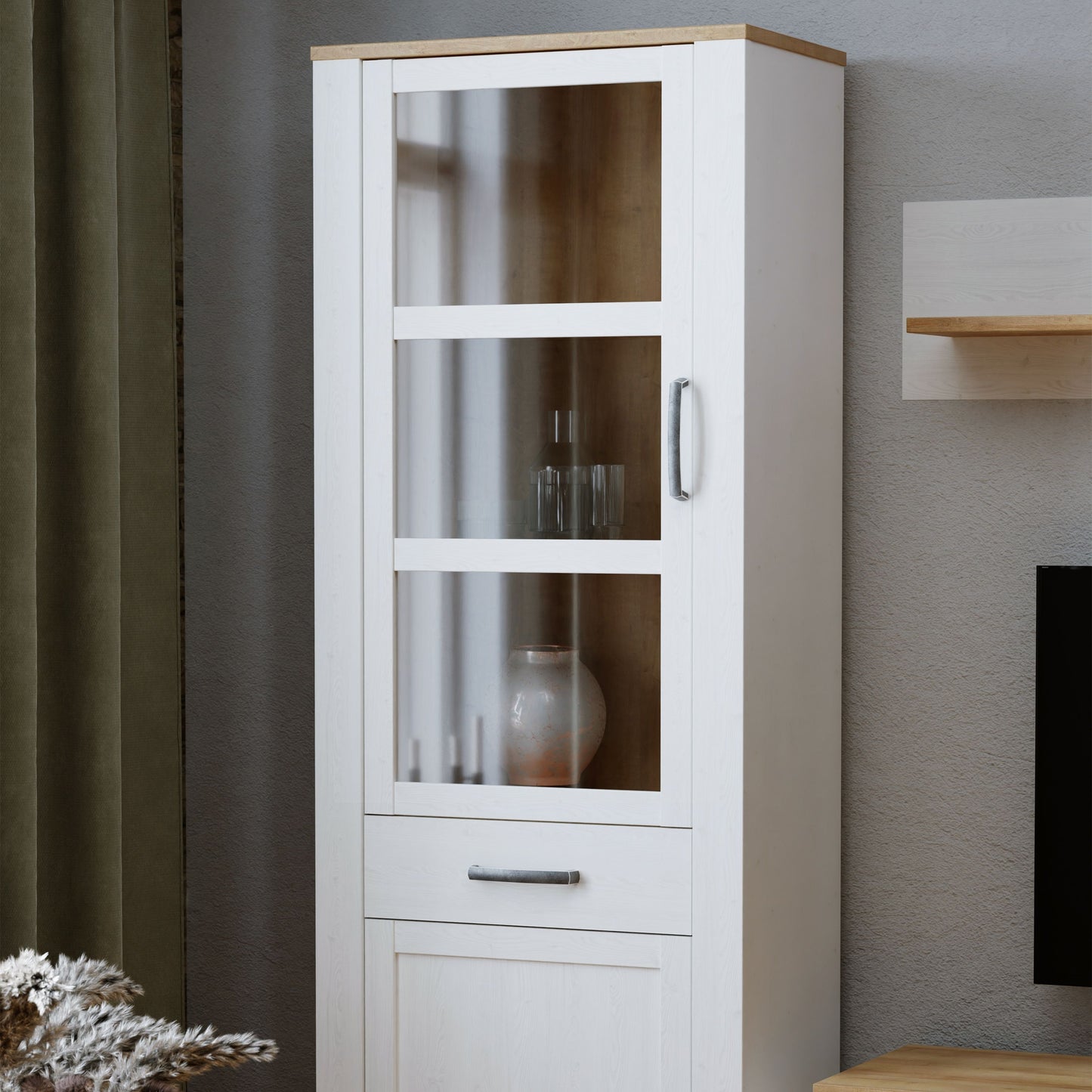 Furniture To Go Bohol 2 Door 1 Drawer Narrow Display Cabinet in Riviera Oak/White