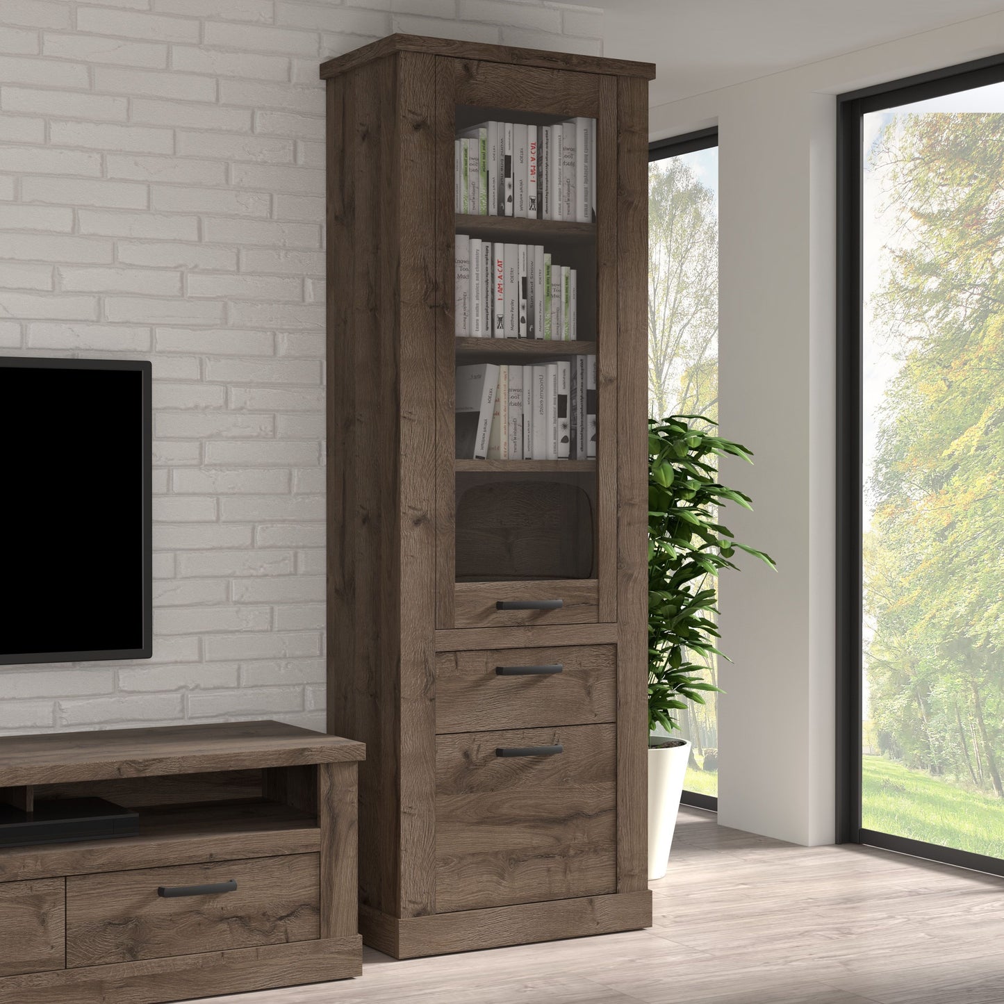 Furniture To Go Corona 2 Door 1 Drawer 3 Shelve Narrow Display Cabinet in Tabak Oak