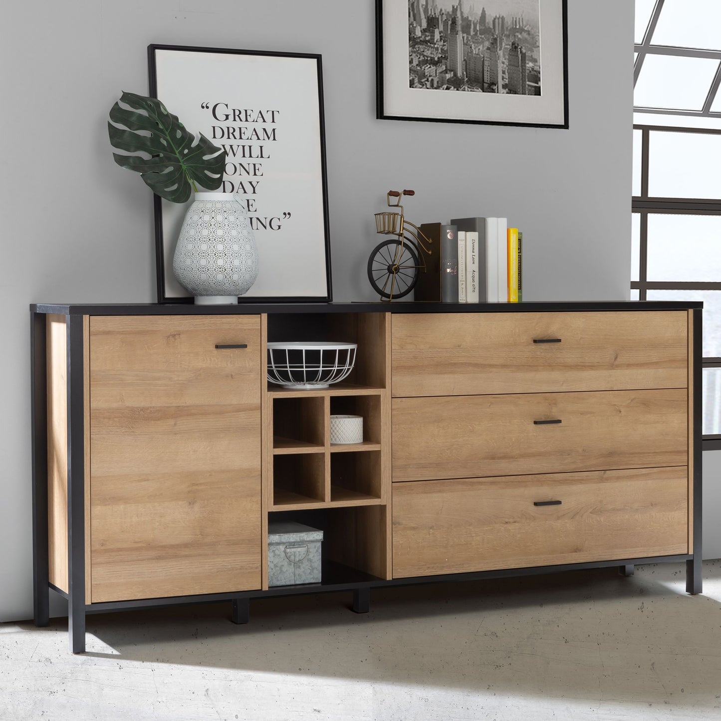 Furniture To Go Bohol High Rock (Large) Sideboard in Matt Black/Riviera Oak