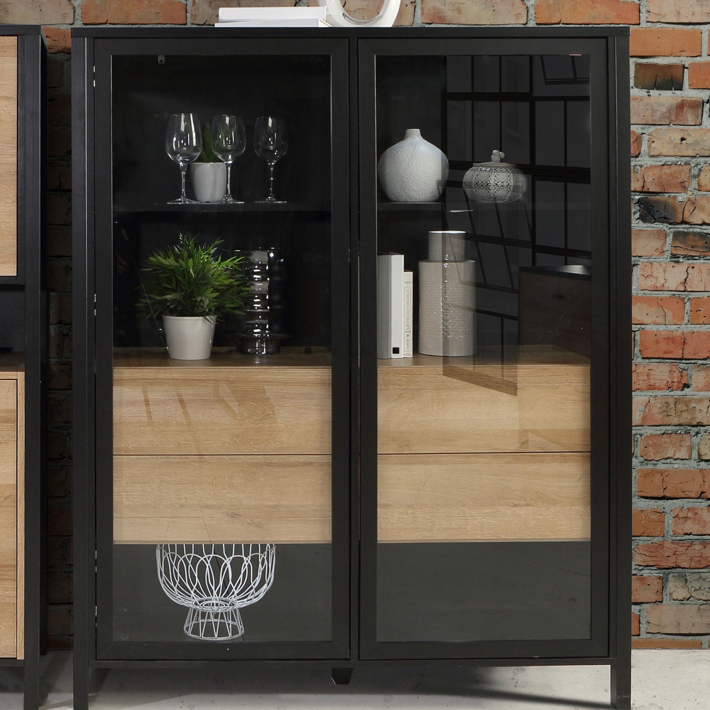 Furniture To Go High Rock Extra Wide Display Cabinet in Matt Black/Riviera Oak