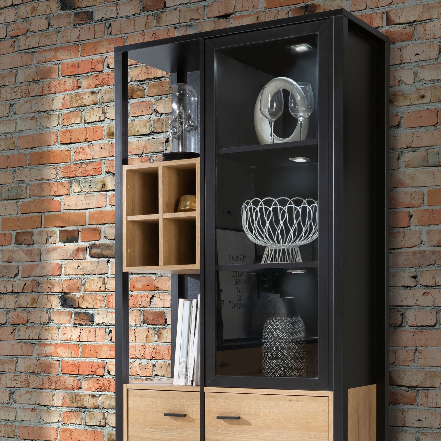 Furniture To Go High Rock Display Cabinet in Matt Black/Riviera Oak