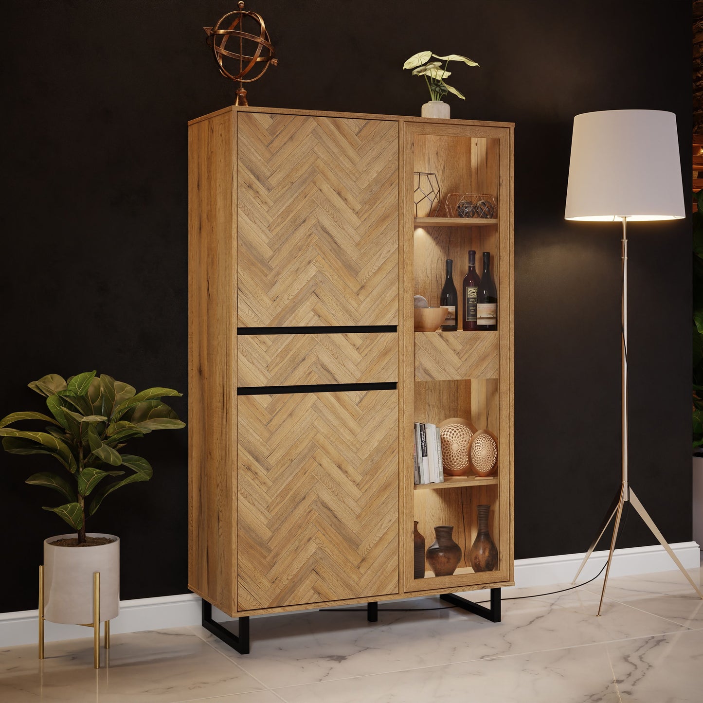 Furniture To Go Nikomedes Display Cabinet in Spica Oak/Matt Black/Bartex Oak