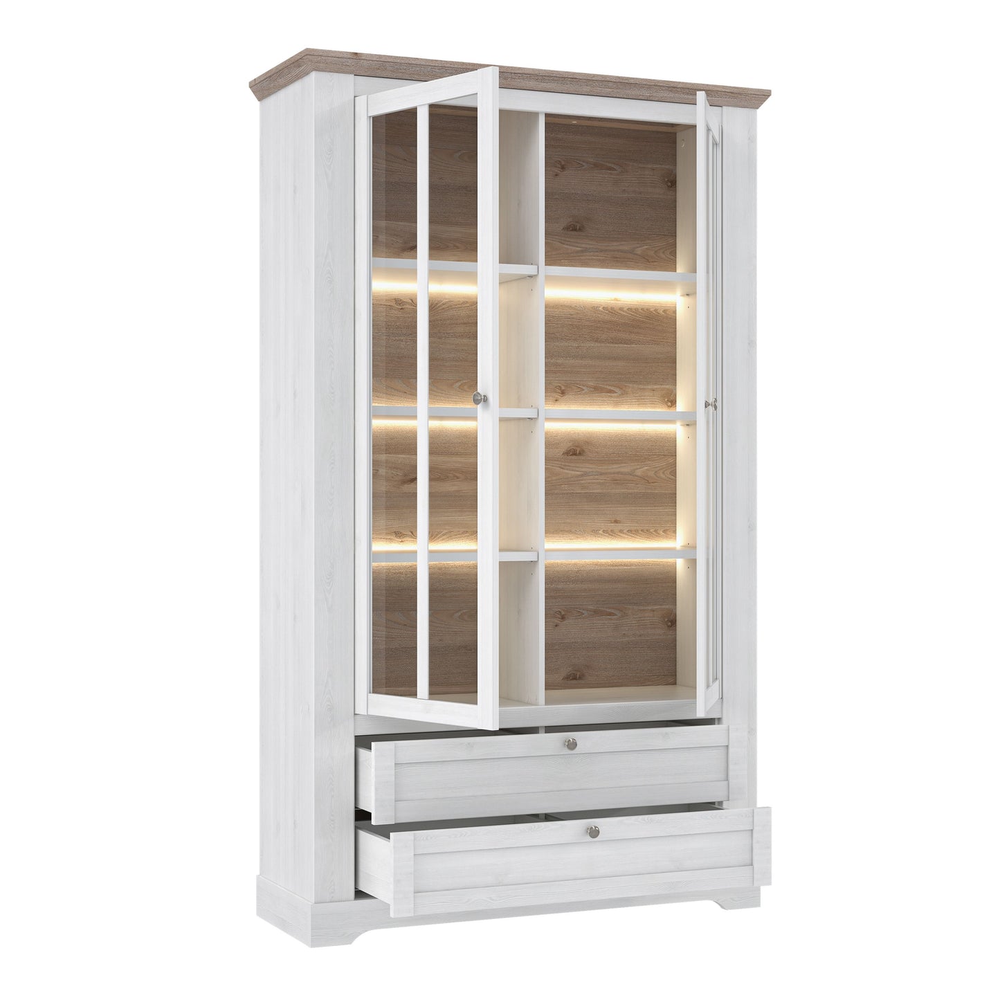 Furniture To Go Illoppa Display Cabinet in Snowy Oak/Oak Nelson with 6 Point Led