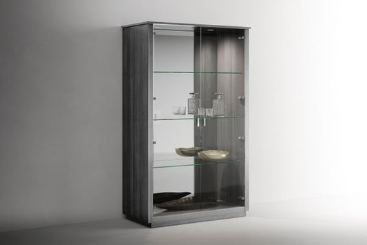 Tomasella Vulcano Glass Display Cabinet - Dual Doors, Mirrored Back, and Dual Spotlights