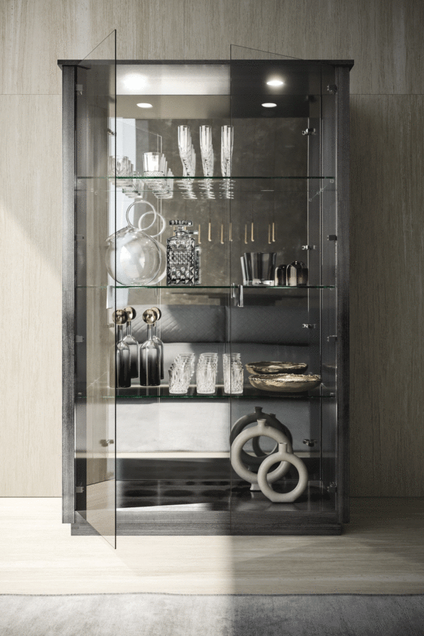 Tomasella Vulcano Glass Display Cabinet - Dual Doors, Mirrored Back, and Dual Spotlights