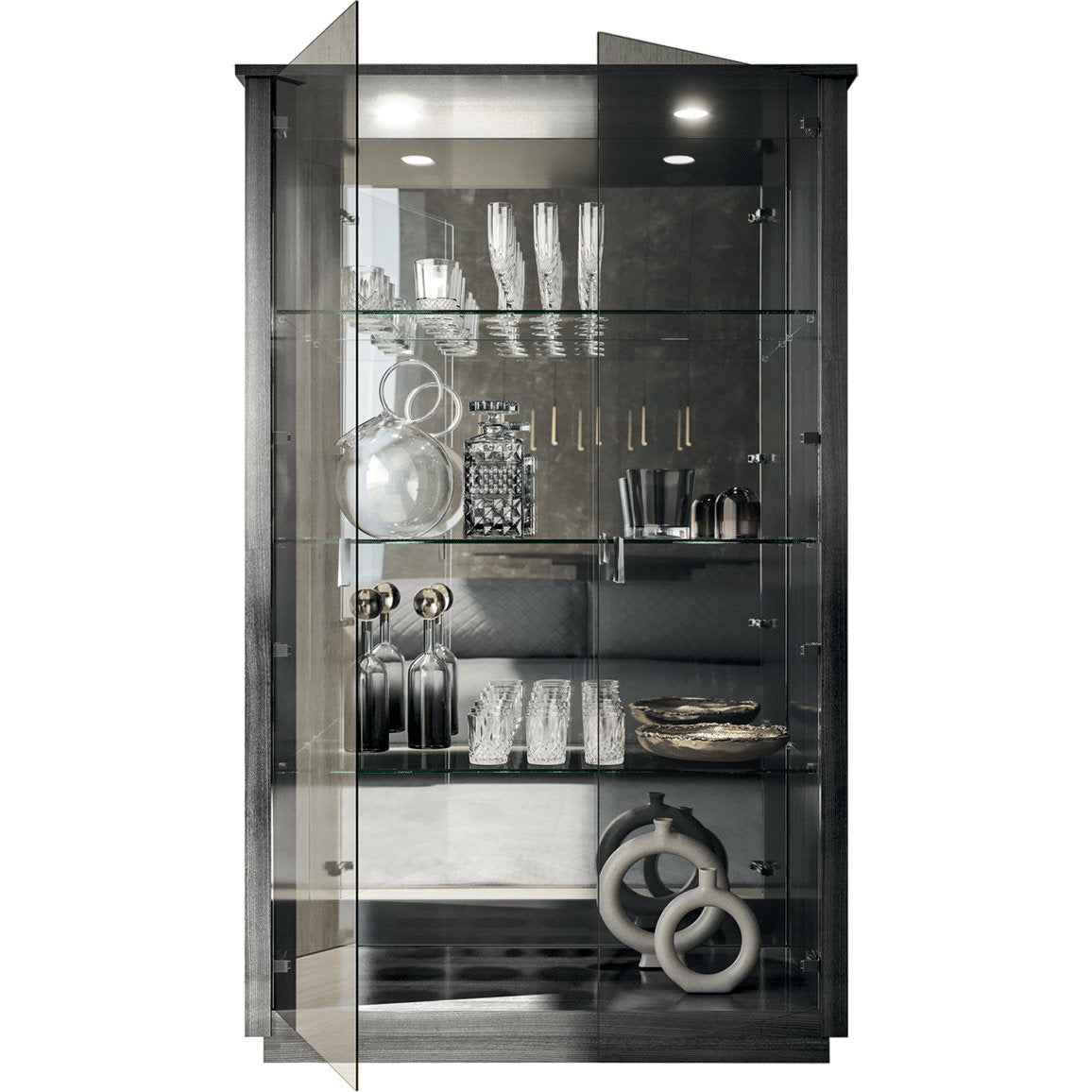 Tomasella Vulcano Glass Display Cabinet - Dual Doors, Mirrored Back, and Dual Spotlights