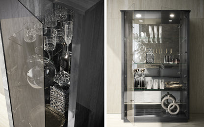 Tomasella Vulcano Glass Display Cabinet - Dual Doors, Mirrored Back, and Dual Spotlights