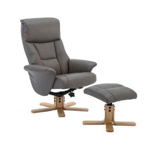 Teknik Office Montreal Recliner Grey PU with a swivel recline function, stylish natural wood five star base and matching footstool.