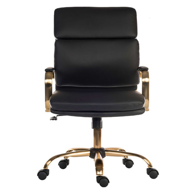 Teknik Office Vintage Black Leather Executive Chair in Brass Coloured Metal Arm Frame