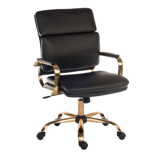 Teknik Office Vintage Black Leather Executive Chair in Brass Coloured Metal Arm Frame