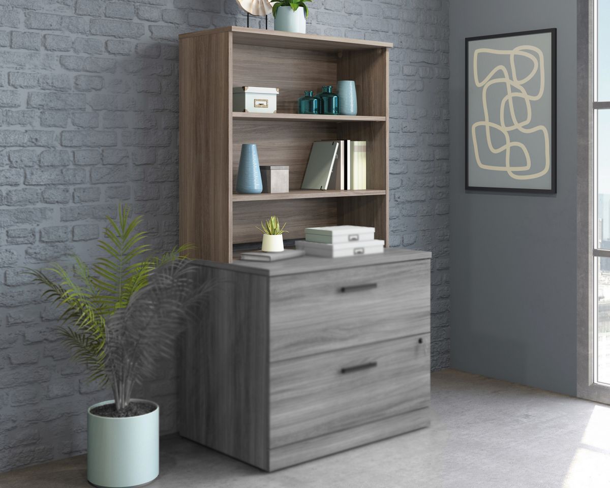 Teknik Office Affiliate Two Shelves Hutch Storage Units In a Hudson Elm Effect Finish