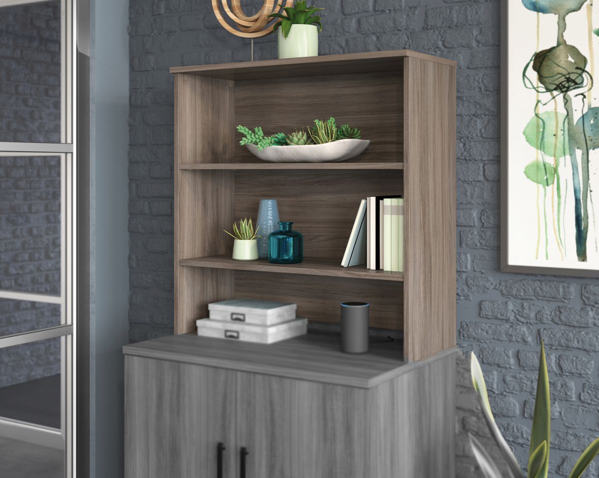 Teknik Office Affiliate Two Shelves Hutch Storage Units In a Hudson Elm Effect Finish