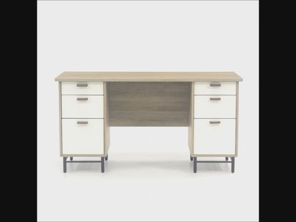 Teknik Office Six Drawers Avon Leather Handled Desk with Sky Oak Effect Finish and White Accents