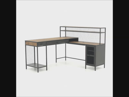 Teknik Office Boulevard L Shaped Desk with Black Finish, 2 filer drawer and one cupboard with an adjustable shelf and stylish wire mesh with contrasting Vintage Oak Accent effect.